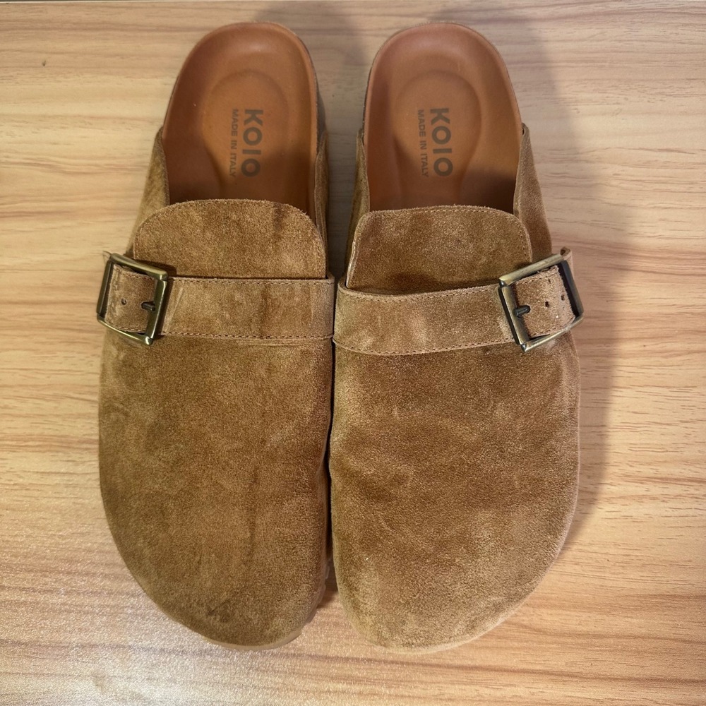 Koio Cervo Suede Mules Tan Brown Buckle Slides Made in Italy Mens 44
